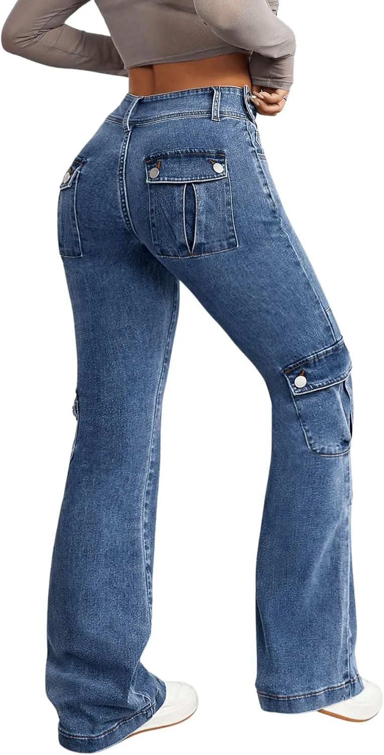 Women's High Waist Zipper Cargo Pants Casual Skinny Jeans Pants Trousers Flare Leg Denim Pants with Pocket