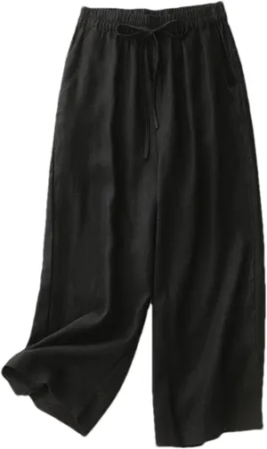 Women's High-Waisted Wide-Leg Pants  Solid Color Cotton Linen Drawstring Waist Casual Summer Beach Trousers