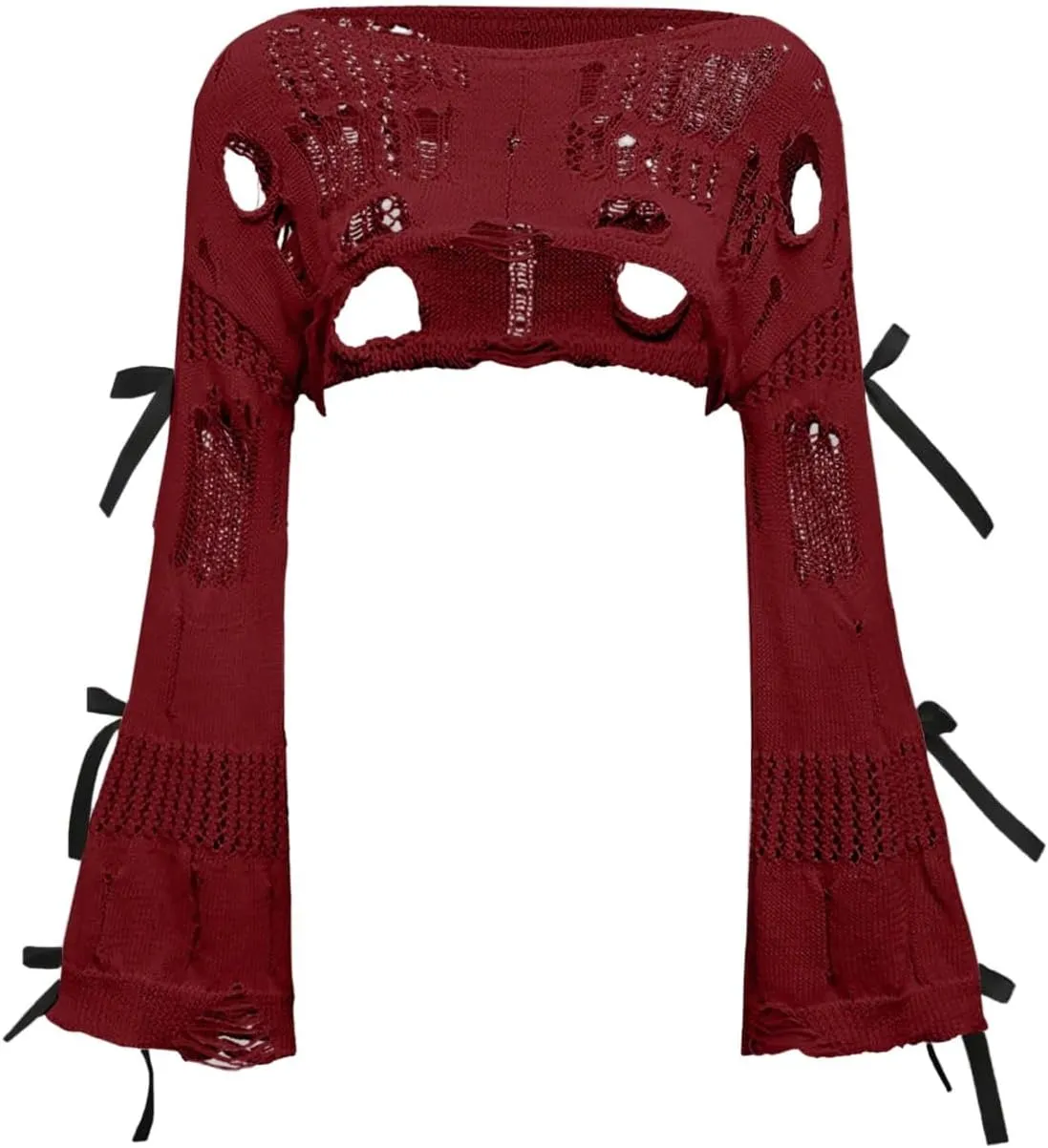 Women's Hollow Out Ripped Bow Sweater Bell Long Sleeve Cropped Crochet Shrug
