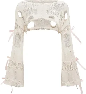 Women's Hollow Out Ripped Bow Sweater Bell Long Sleeve Cropped Crochet Shrug
