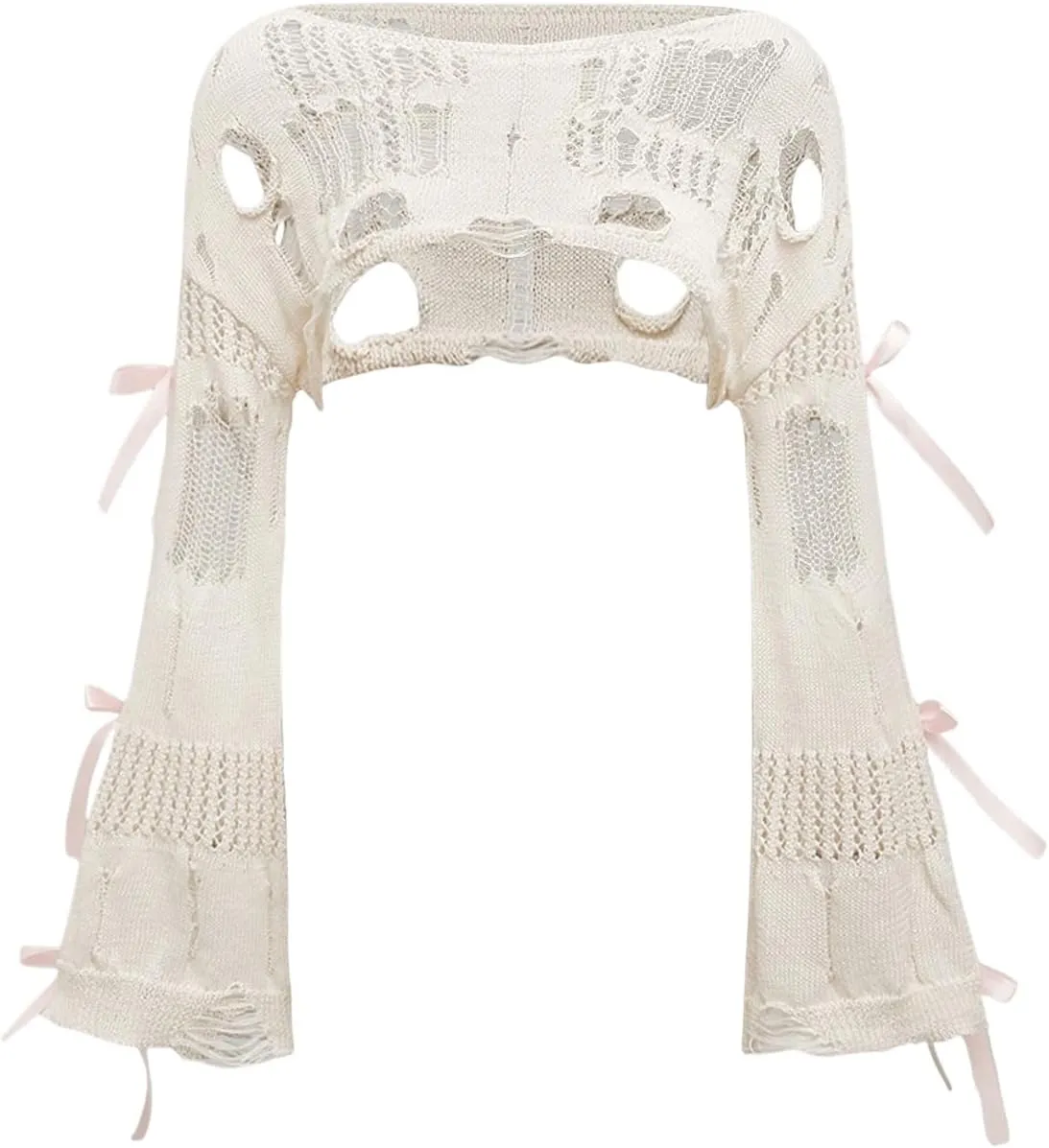 Women's Hollow Out Ripped Bow Sweater Bell Long Sleeve Cropped Crochet Shrug