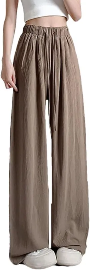 Womens Japanese Ice Silk Wide Leg Pants High Waist Straight Draped Anti-Wrinkle Summer Casual Trousers