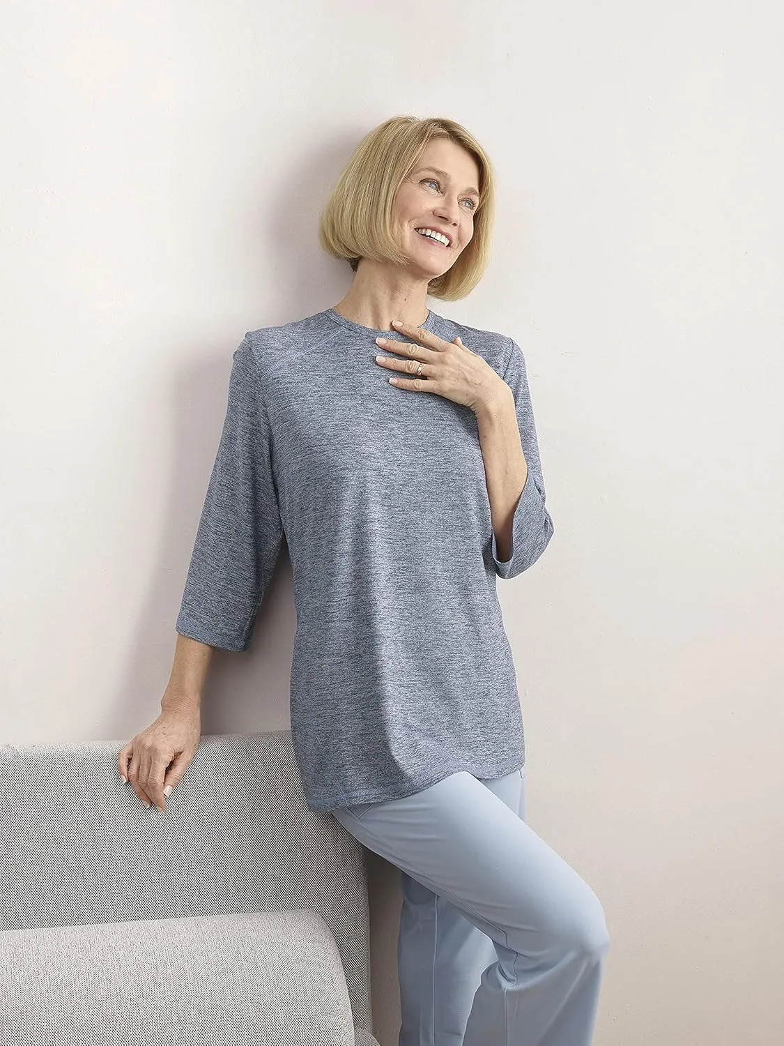 Womens Open Back Adaptive Active Crew Neck Top for Seniors - 3/4 Long Sleeve Shirt