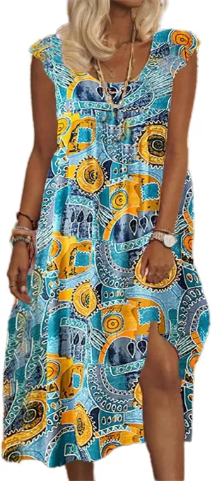 Women's Oversized Boho Disty Floral Sun Dresses Flowy Summer Casual Loose Sleeveless Midi Dress Sundress with Pockets