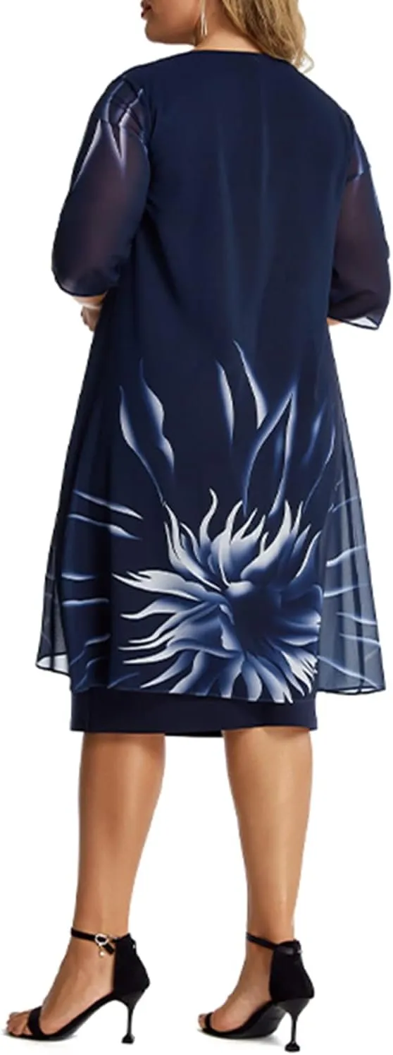 Womens Plus Size Round Neck Floral Midi Chiffon Dress 5XXXL Tiered Mid-Length Lace Shift Cape Dress