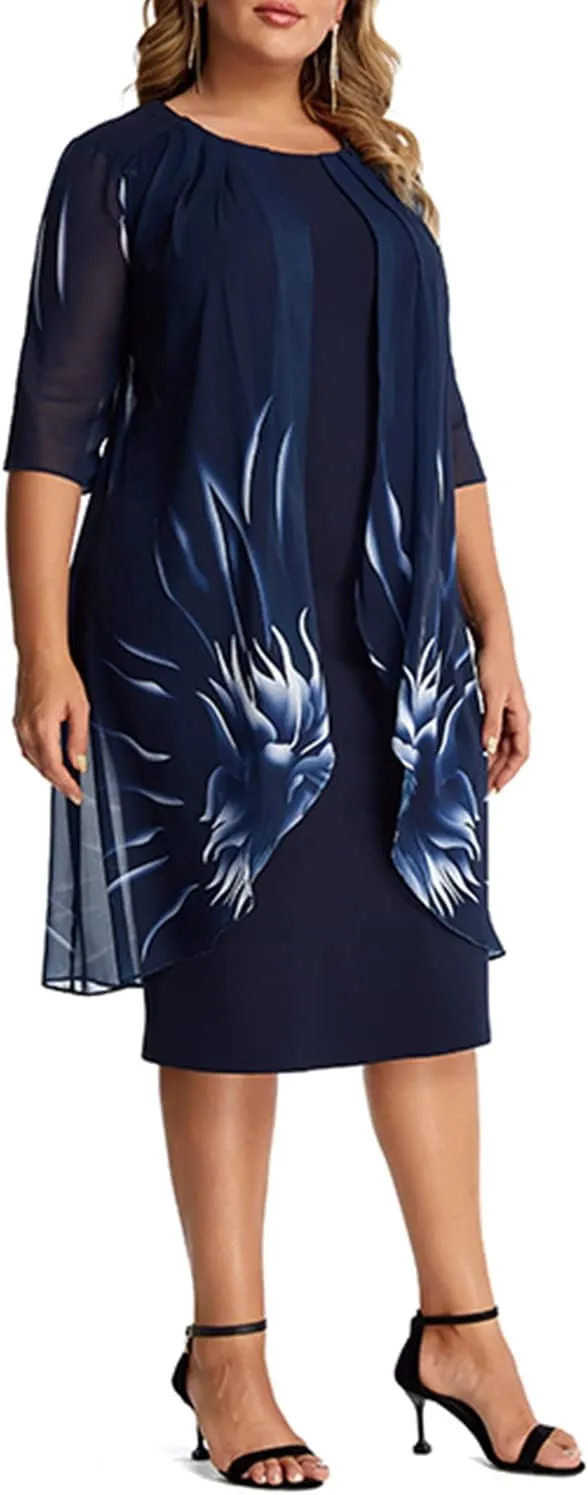 Womens Plus Size Round Neck Floral Midi Chiffon Dress 5XXXL Tiered Mid-Length Lace Shift Cape Dress