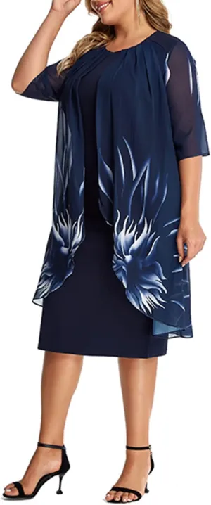 Womens Plus Size Round Neck Floral Midi Chiffon Dress 5XXXL Tiered Mid-Length Lace Shift Cape Dress