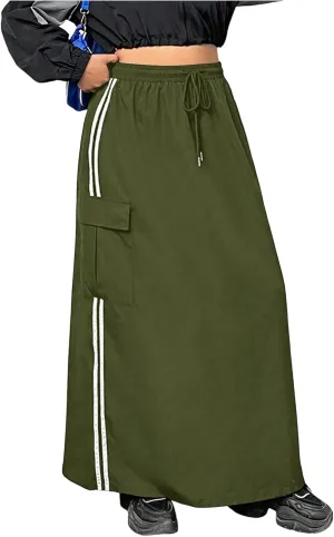 Women's Plus Size Stripe Side Cargo Skirt Drawstring Elastic Waist Maxi Long Skirts