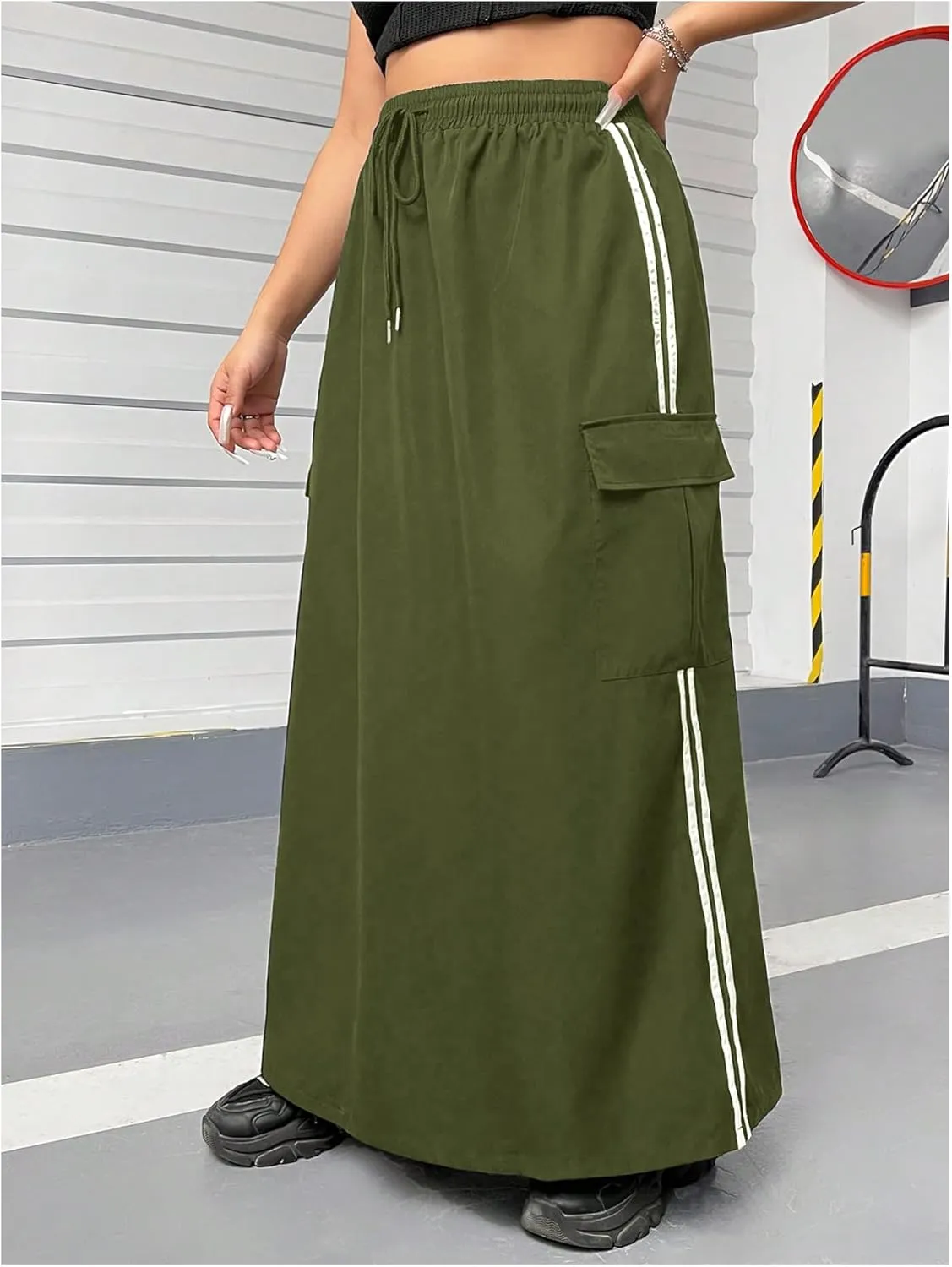 Women's Plus Size Stripe Side Cargo Skirt Drawstring Elastic Waist Maxi Long Skirts