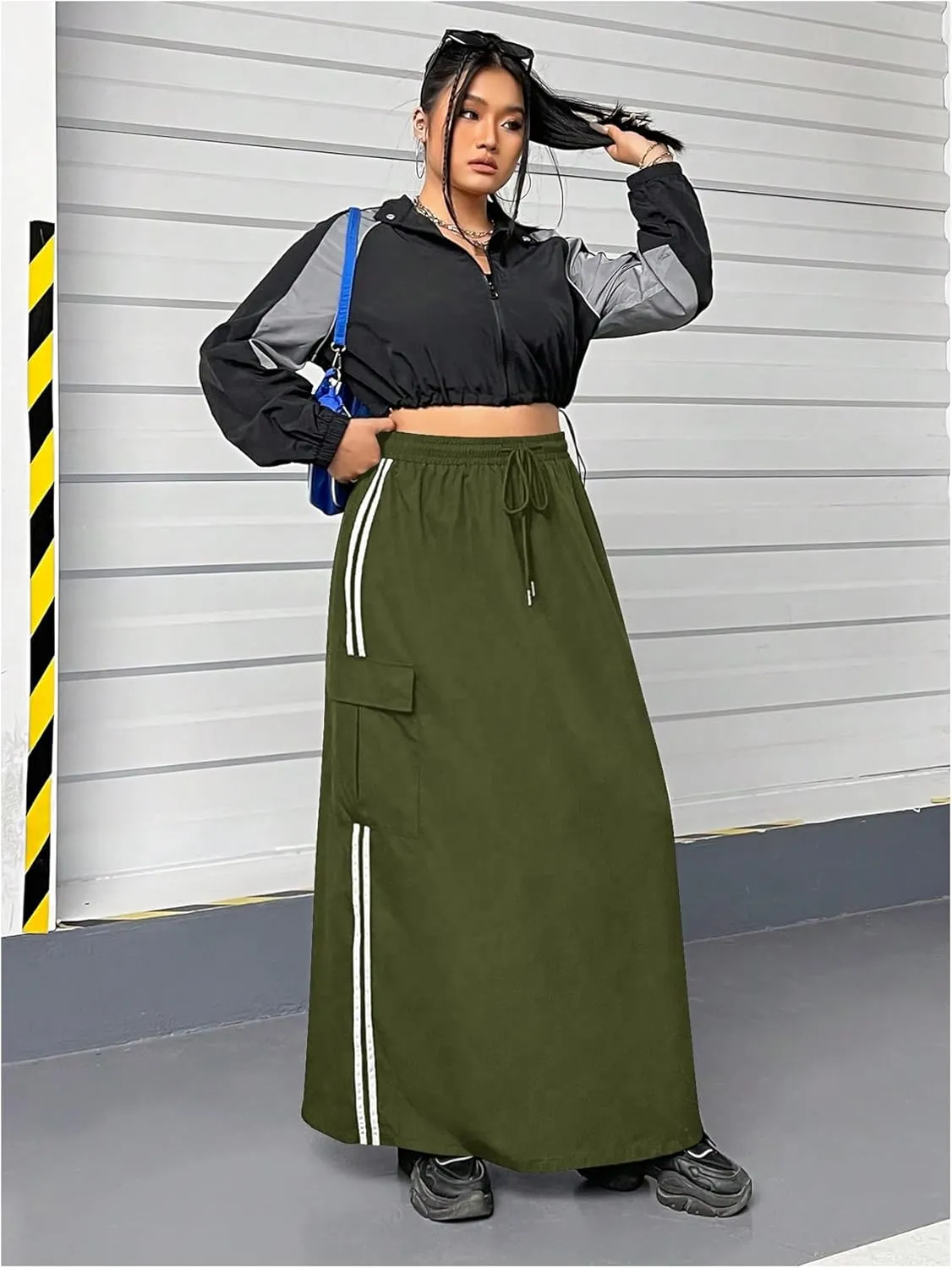 Women's Plus Size Stripe Side Cargo Skirt Drawstring Elastic Waist Maxi Long Skirts