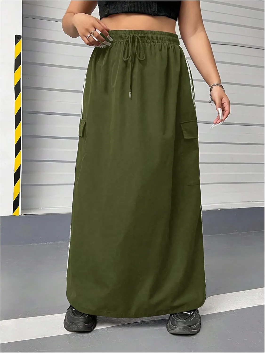 Women's Plus Size Stripe Side Cargo Skirt Drawstring Elastic Waist Maxi Long Skirts