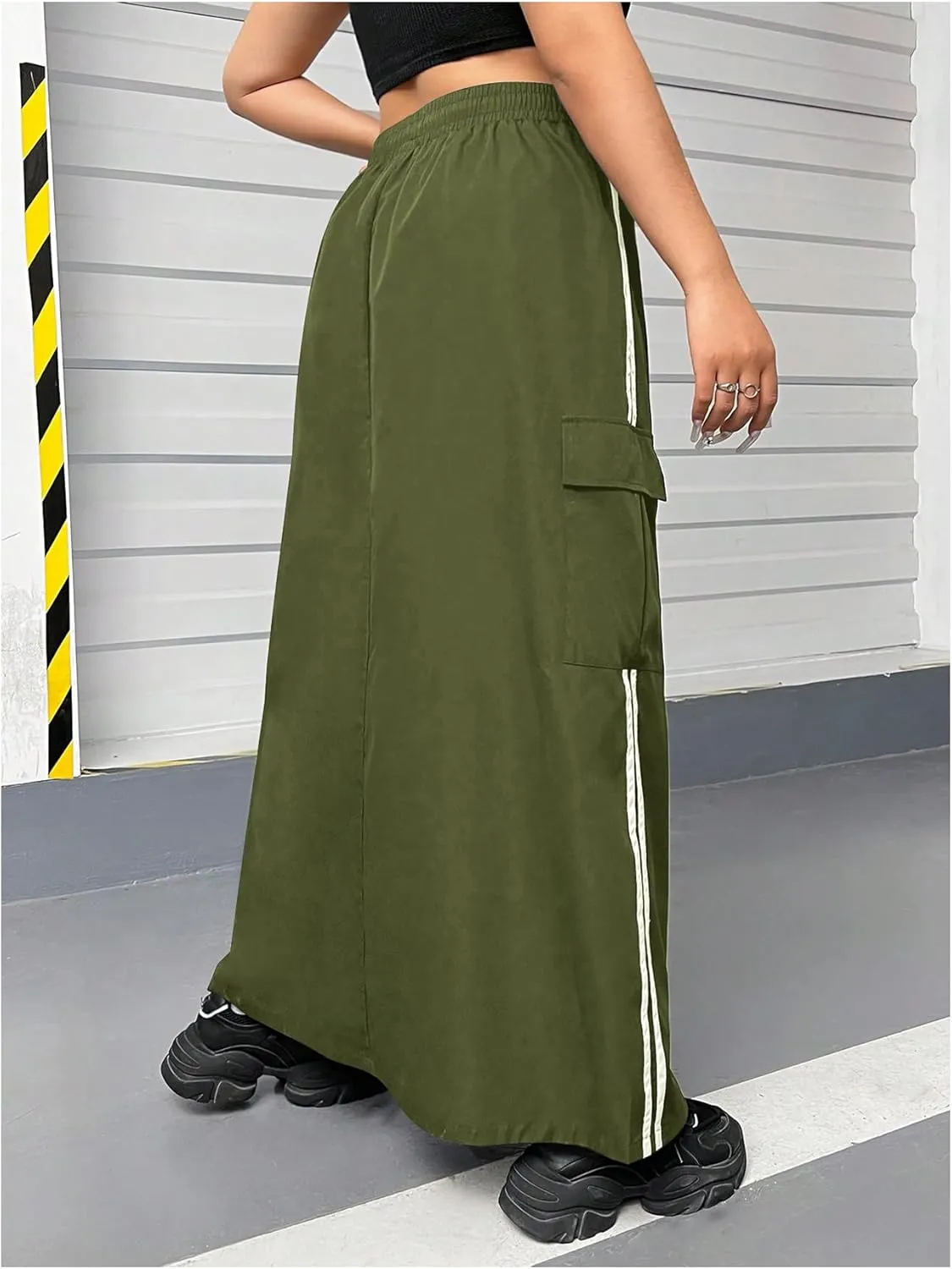 Women's Plus Size Stripe Side Cargo Skirt Drawstring Elastic Waist Maxi Long Skirts