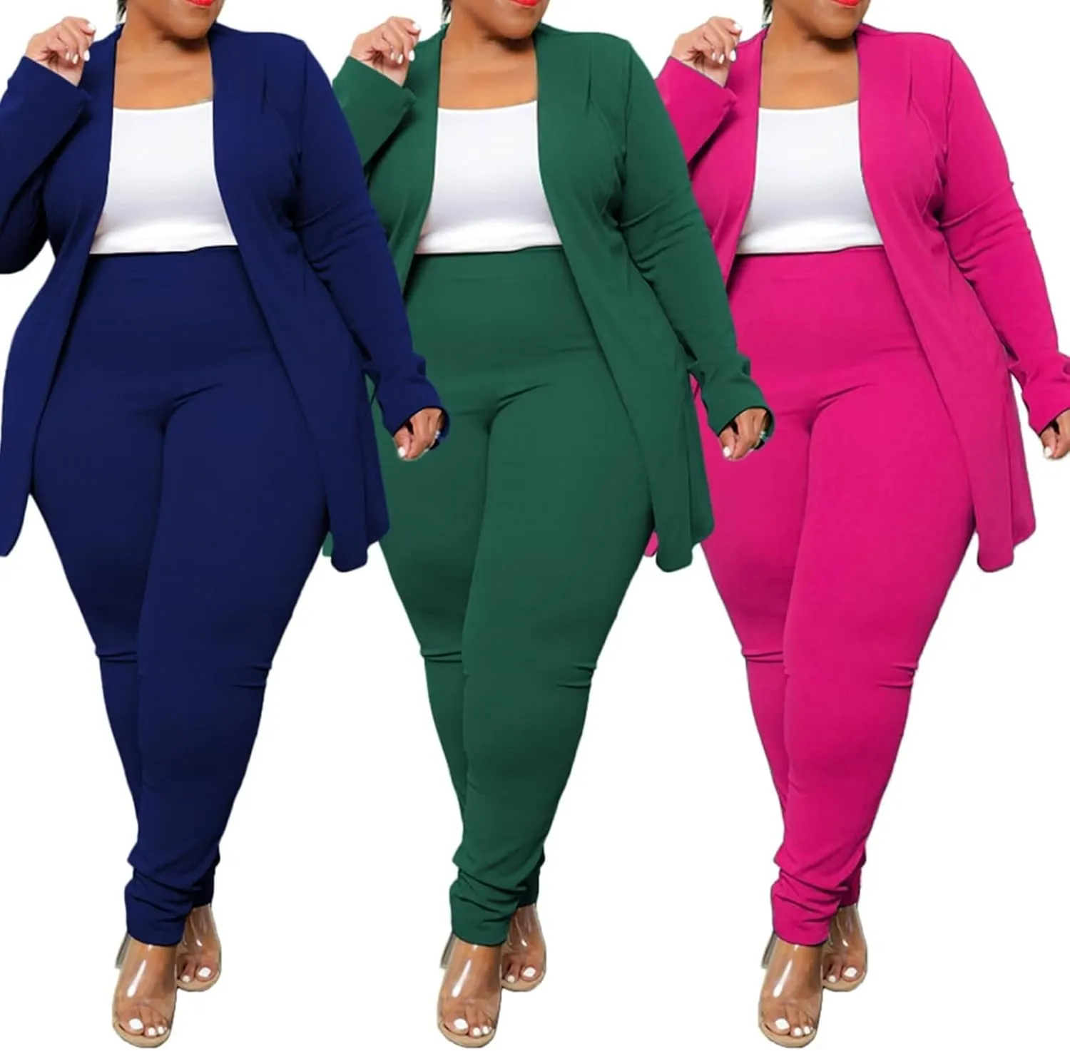 Women's Plus SizeTwo Piece Open Front Long Sleeve Blazer and Elastic Waist Solid Pant Set Suit