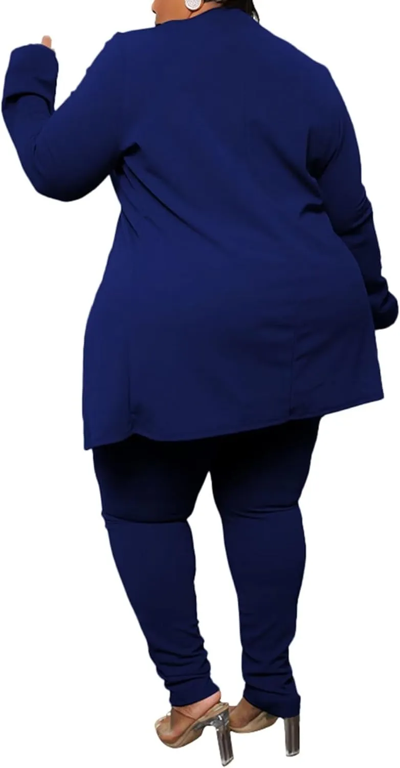 Women's Plus SizeTwo Piece Open Front Long Sleeve Blazer and Elastic Waist Solid Pant Set Suit