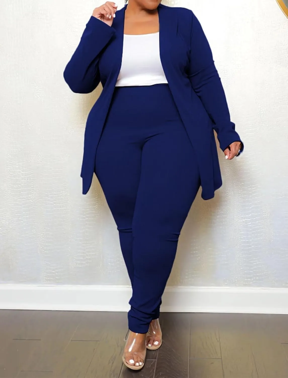 Women's Plus SizeTwo Piece Open Front Long Sleeve Blazer and Elastic Waist Solid Pant Set Suit
