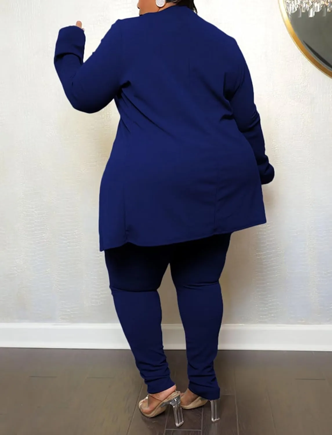 Women's Plus SizeTwo Piece Open Front Long Sleeve Blazer and Elastic Waist Solid Pant Set Suit