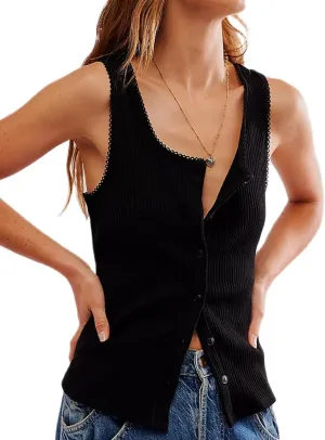 Womens Ribbed Button Up Tank Sleeveless Scoop Neck Slim Fitted Lace Camisole Tops Y2K Open Front Racerback