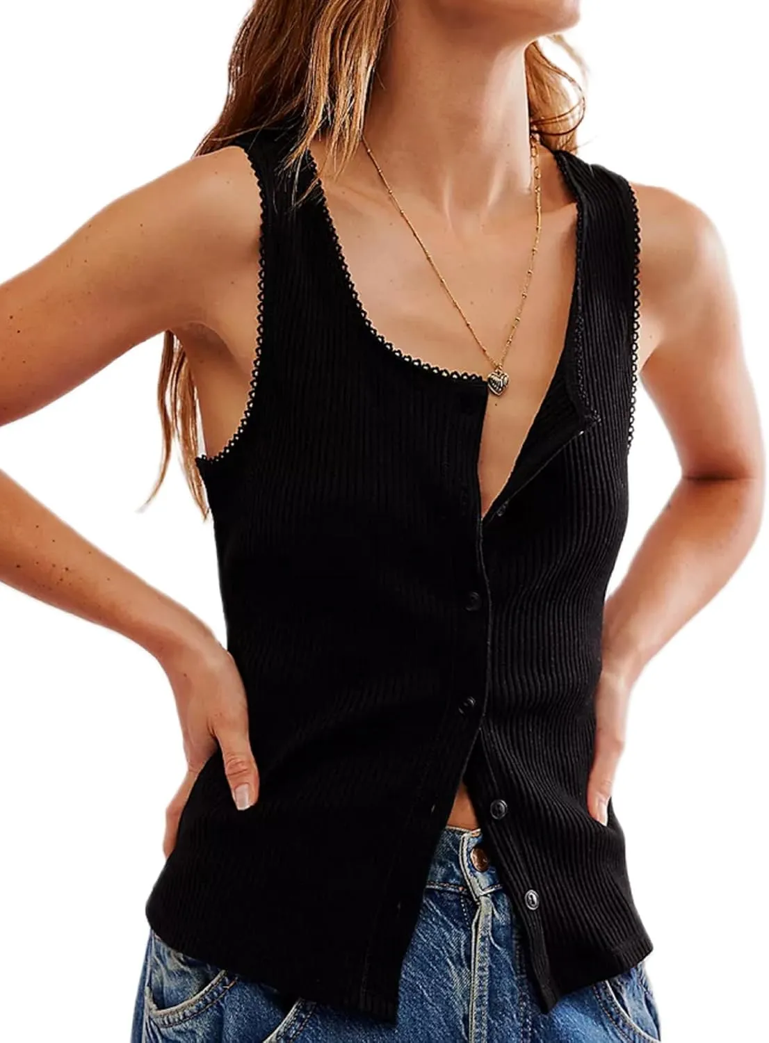 Womens Ribbed Button Up Tank Sleeveless Scoop Neck Slim Fitted Lace Camisole Tops Y2K Open Front Racerback