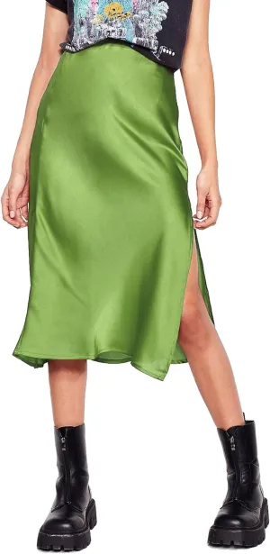 Womens Satin Silk High Waist Slit Midi Skirt Elastic Waistband Midi Skirts for Women