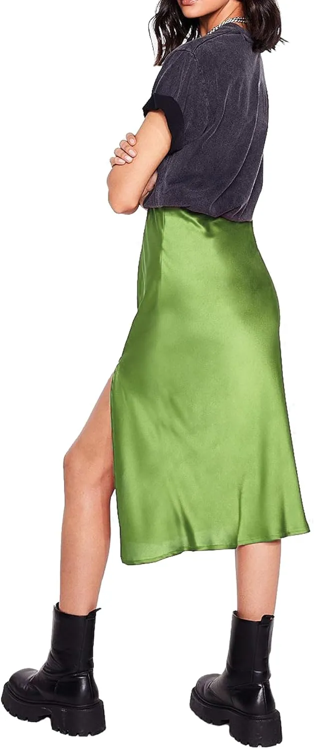 Womens Satin Silk High Waist Slit Midi Skirt Elastic Waistband Midi Skirts for Women