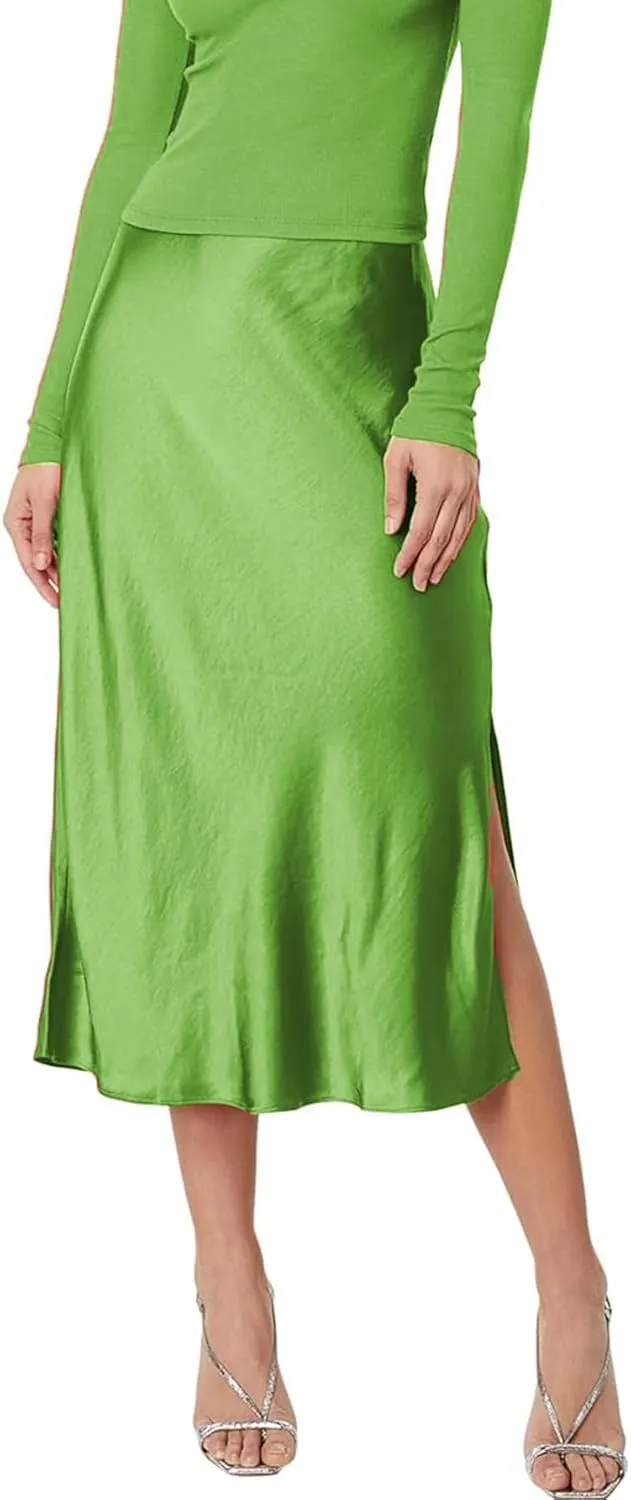 Womens Satin Silk High Waist Slit Midi Skirt Elastic Waistband Midi Skirts for Women