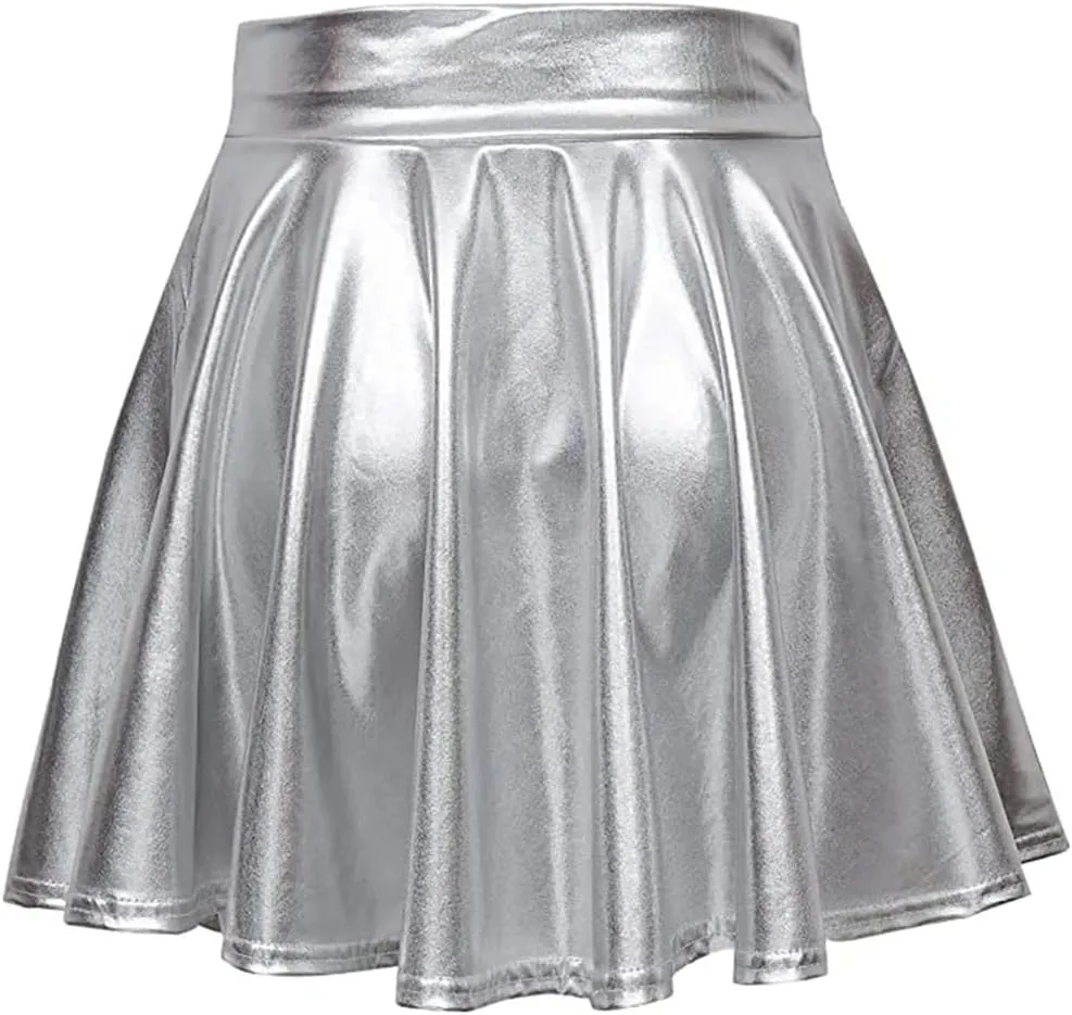 Womens Sexy High Waist Mini PU Leather Skirts Club Party Dance Shiny Metallic Pleated Skirt