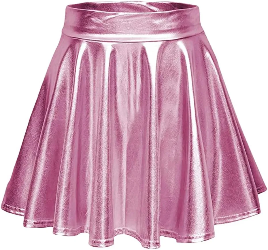 Womens Sexy High Waist Mini PU Leather Skirts Club Party Dance Shiny Metallic Pleated Skirt