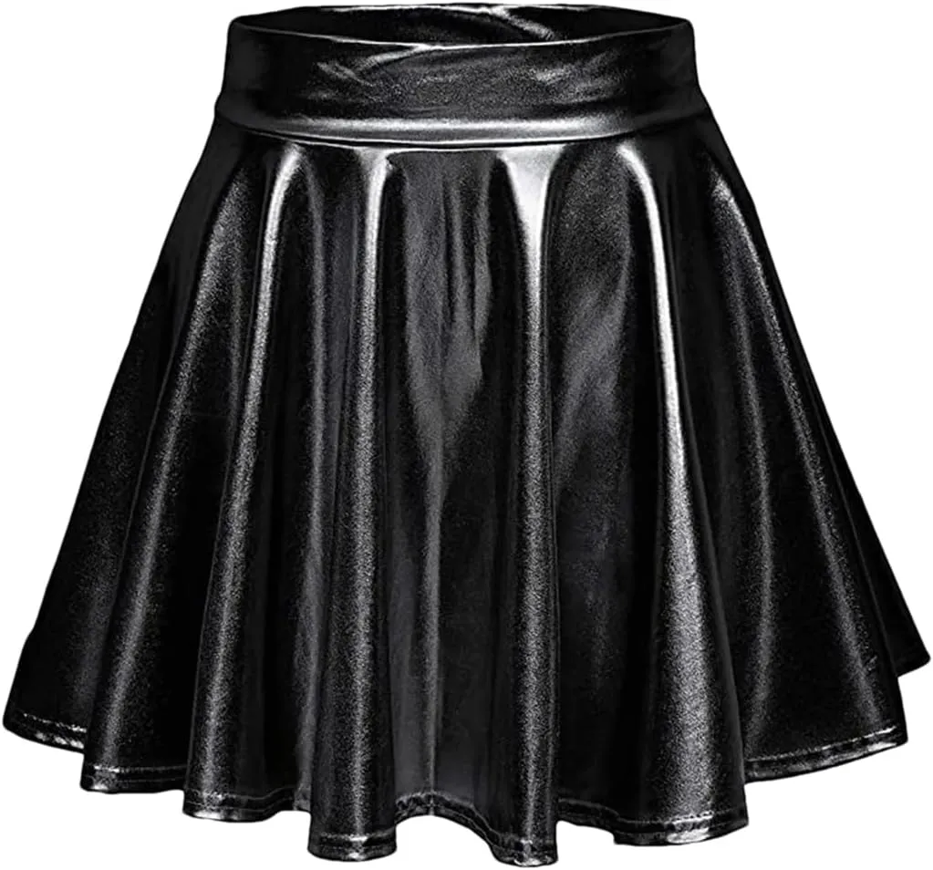 Womens Sexy High Waist Mini PU Leather Skirts Club Party Dance Shiny Metallic Pleated Skirt
