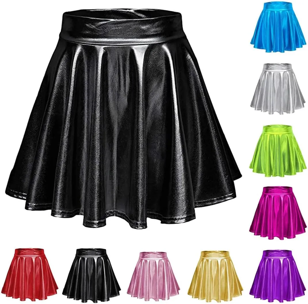Womens Sexy High Waist Mini PU Leather Skirts Club Party Dance Shiny Metallic Pleated Skirt