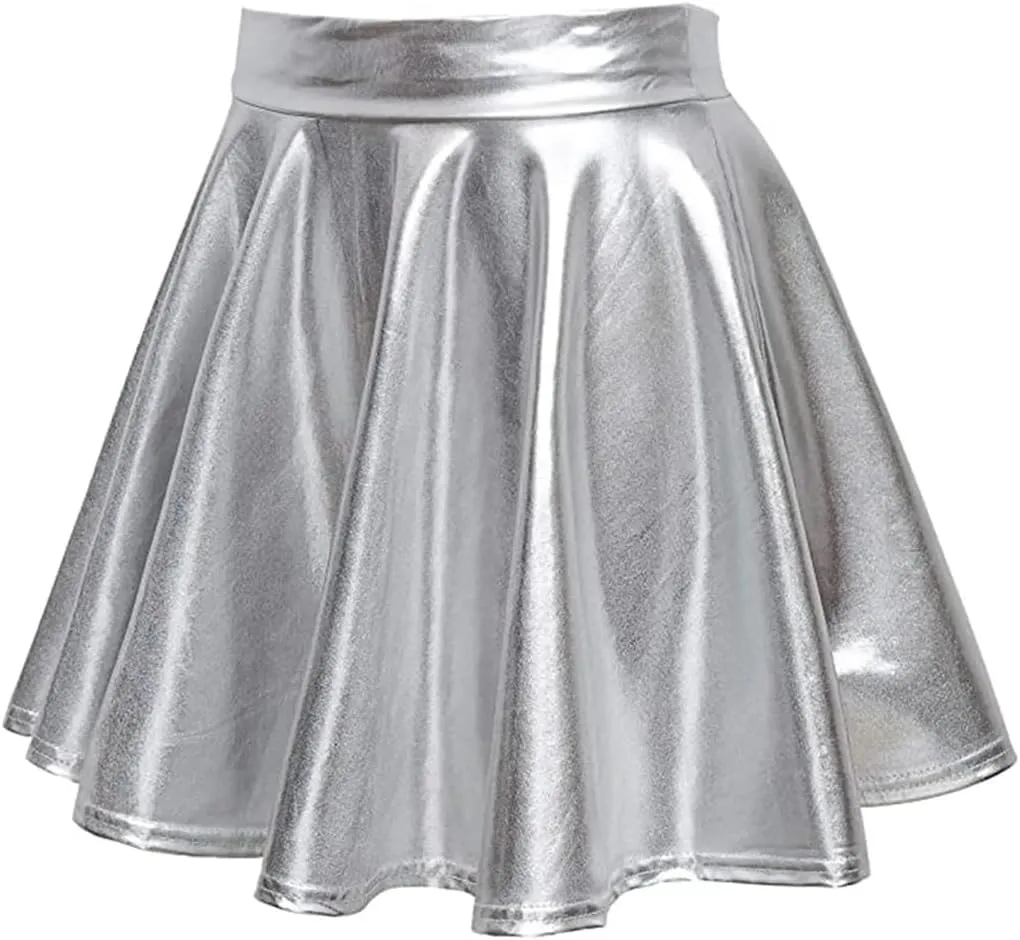 Womens Sexy High Waist Mini PU Leather Skirts Club Party Dance Shiny Metallic Pleated Skirt