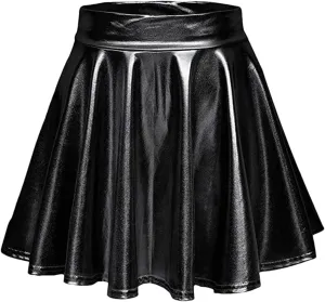 Womens Sexy High Waist Mini PU Leather Skirts Club Party Dance Shiny Metallic Pleated Skirt