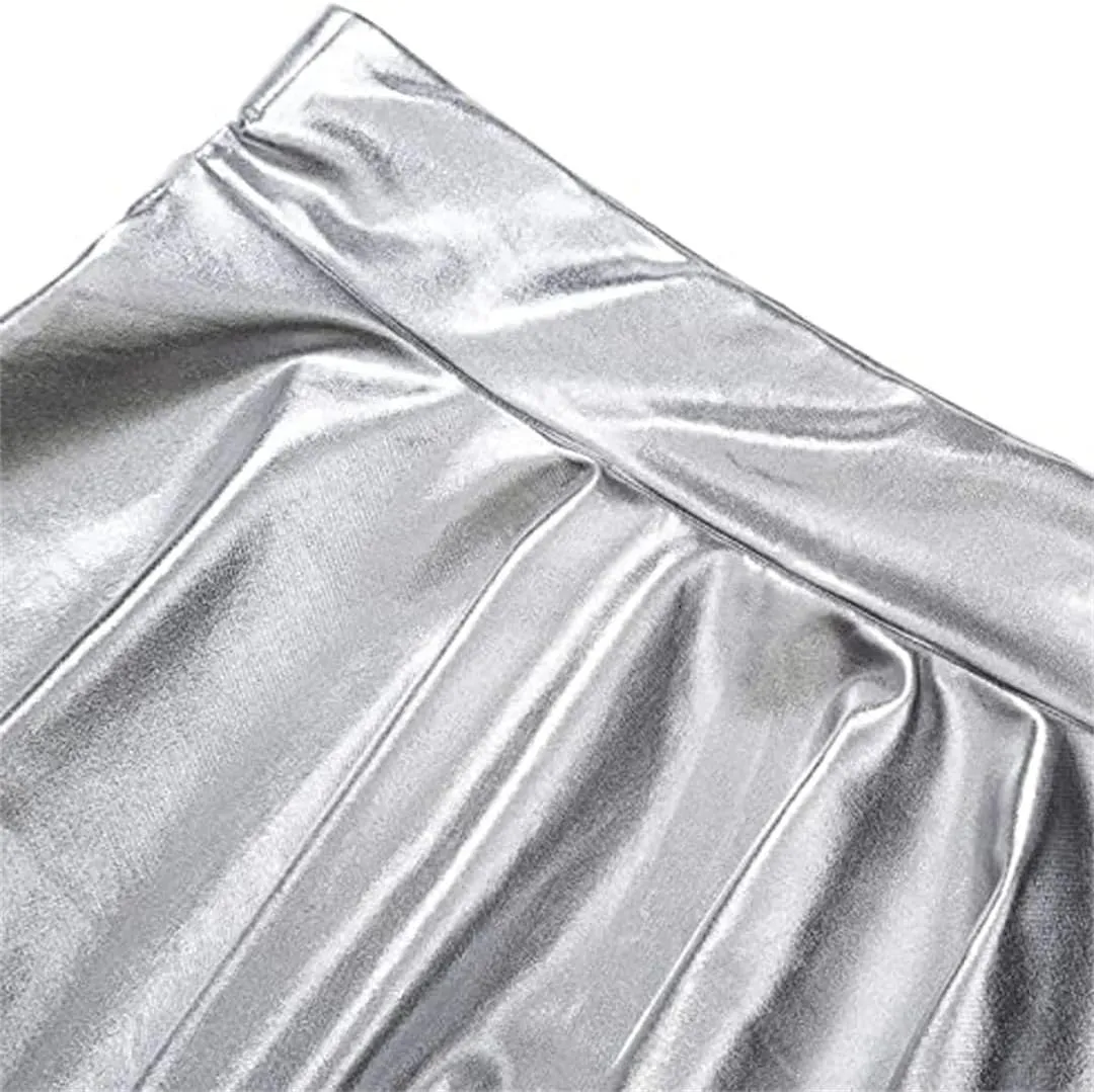 Womens Sexy High Waist Mini PU Leather Skirts Club Party Dance Shiny Metallic Pleated Skirt