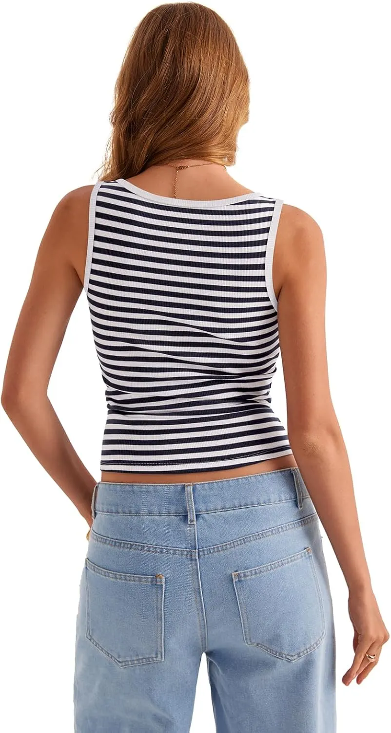Womens Sleeveless Ribbed Tank Tops Boat Neck Slim Fit Shirts Summer Beach Vacation Clothes