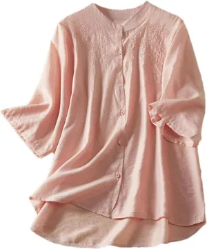 Women's Solid Color Cotton Linen Embroidered Stand Collar Cardigan Shirt Summer Five-Point Sleeve Chinese Style Shirt