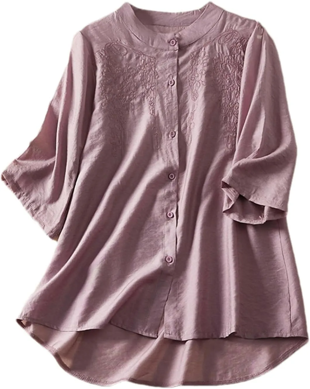 Women's Solid Color Cotton Linen Embroidered Stand Collar Cardigan Shirt Summer Five-Point Sleeve Chinese Style Shirt