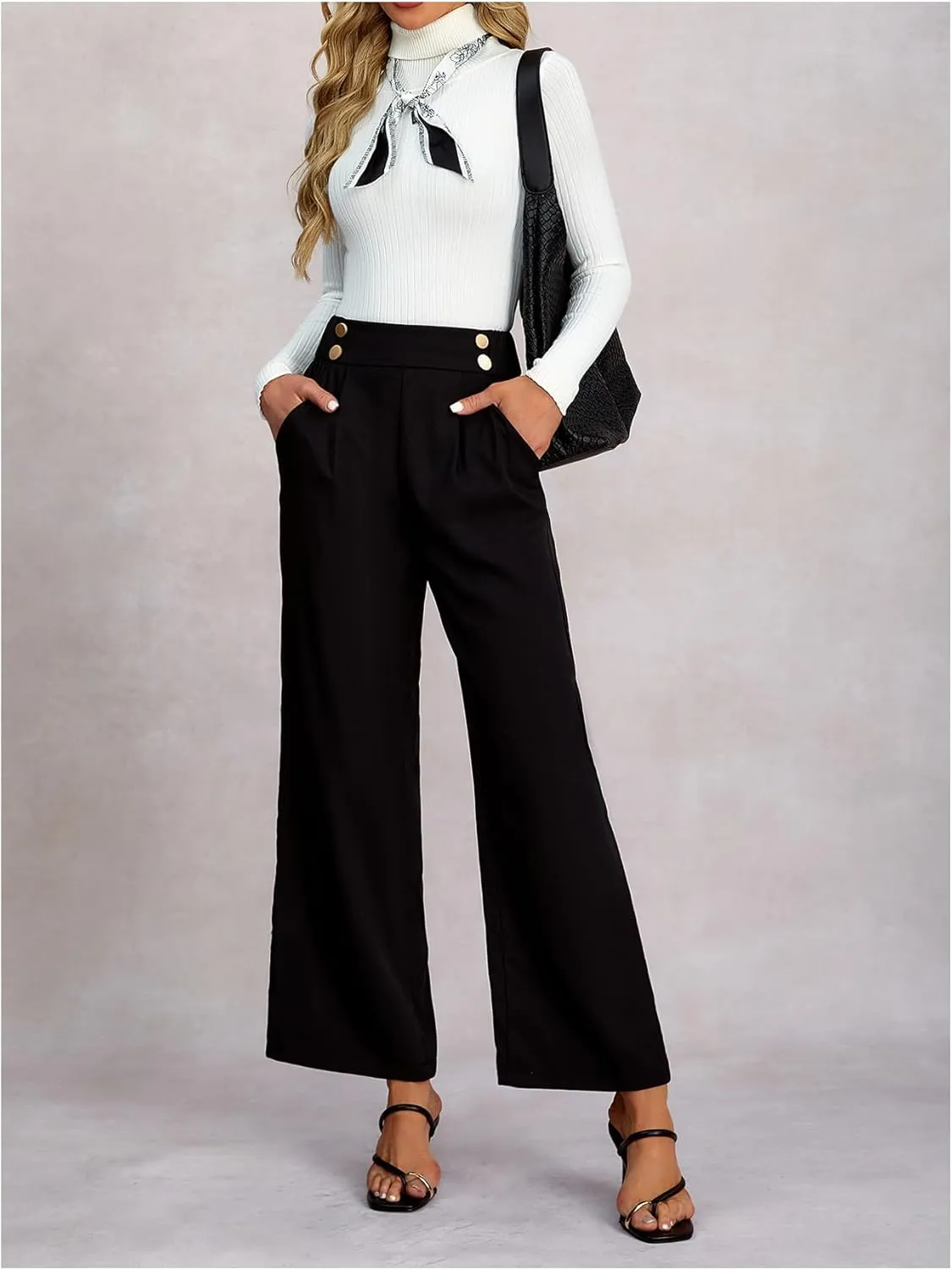 Women's Straight Leg Dress Pants Pleated High Elastic Waist Business Casual Trousers with Pockets