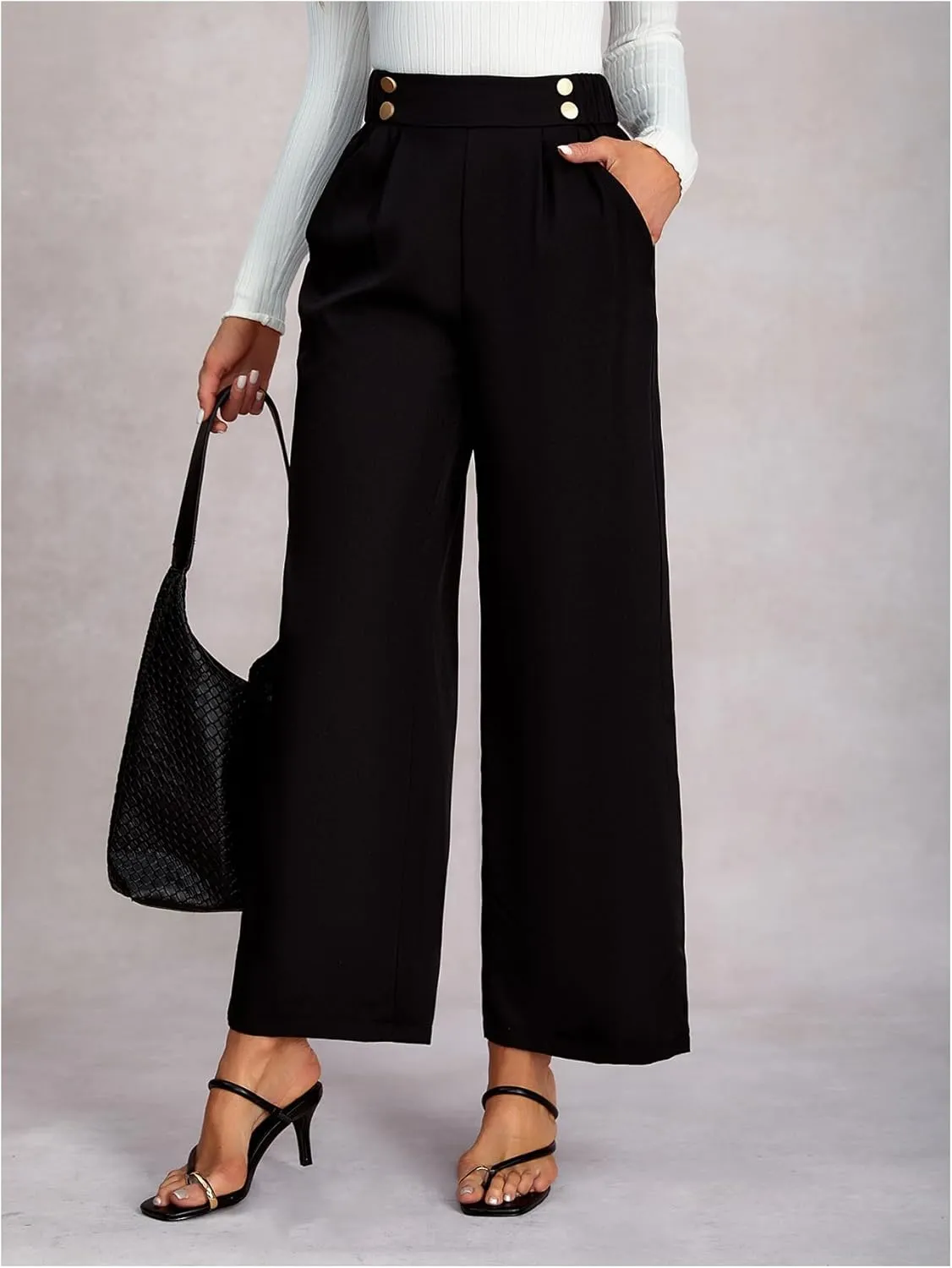 Women's Straight Leg Dress Pants Pleated High Elastic Waist Business Casual Trousers with Pockets