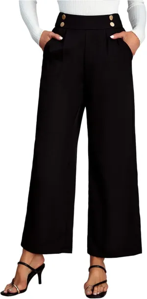 Women's Straight Leg Dress Pants Pleated High Elastic Waist Business Casual Trousers with Pockets
