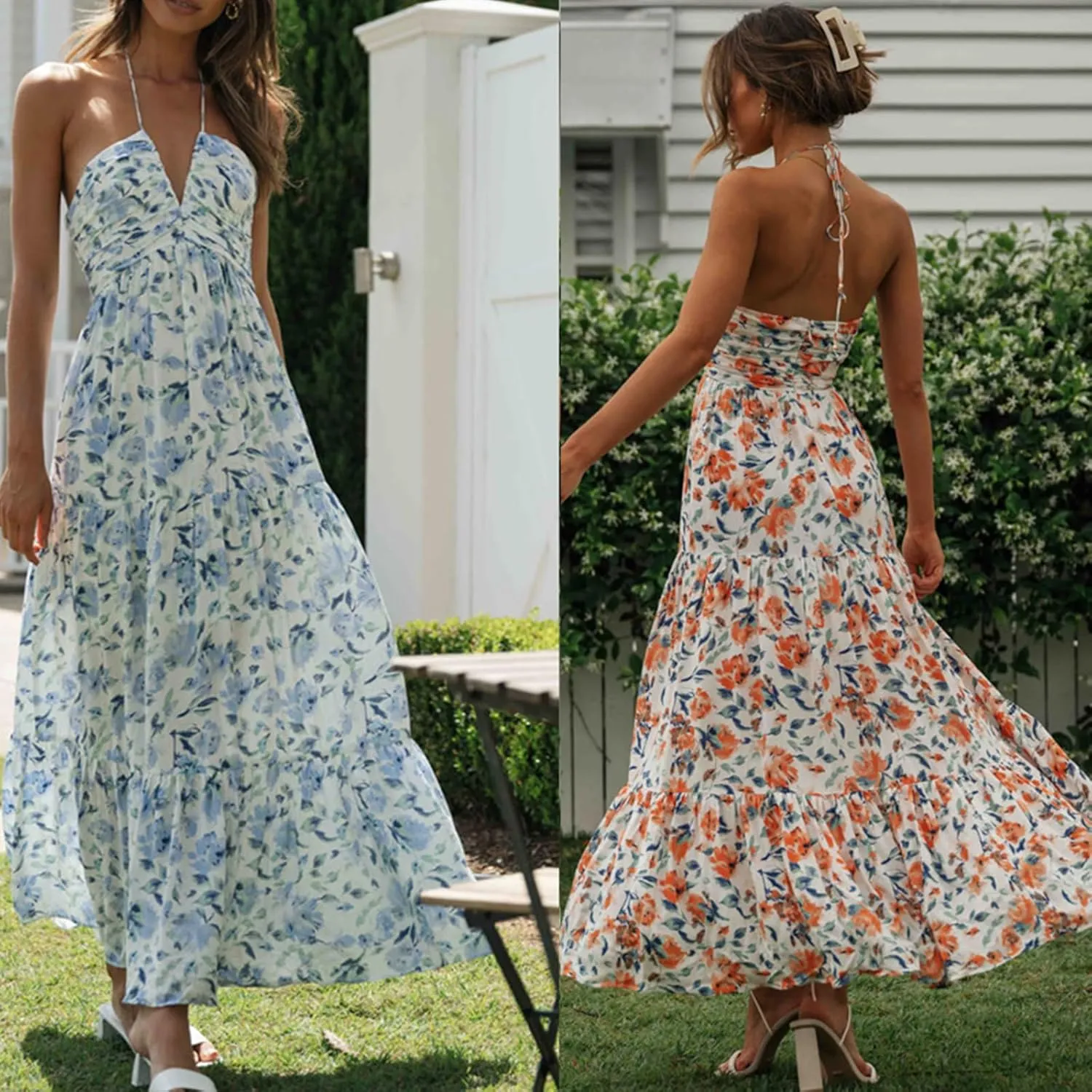 Womens Summer Beach Maxi Dress Spaghetti Strap Backless Flowy Long Dress Casual Boho Side Cut Out Beach Sundress