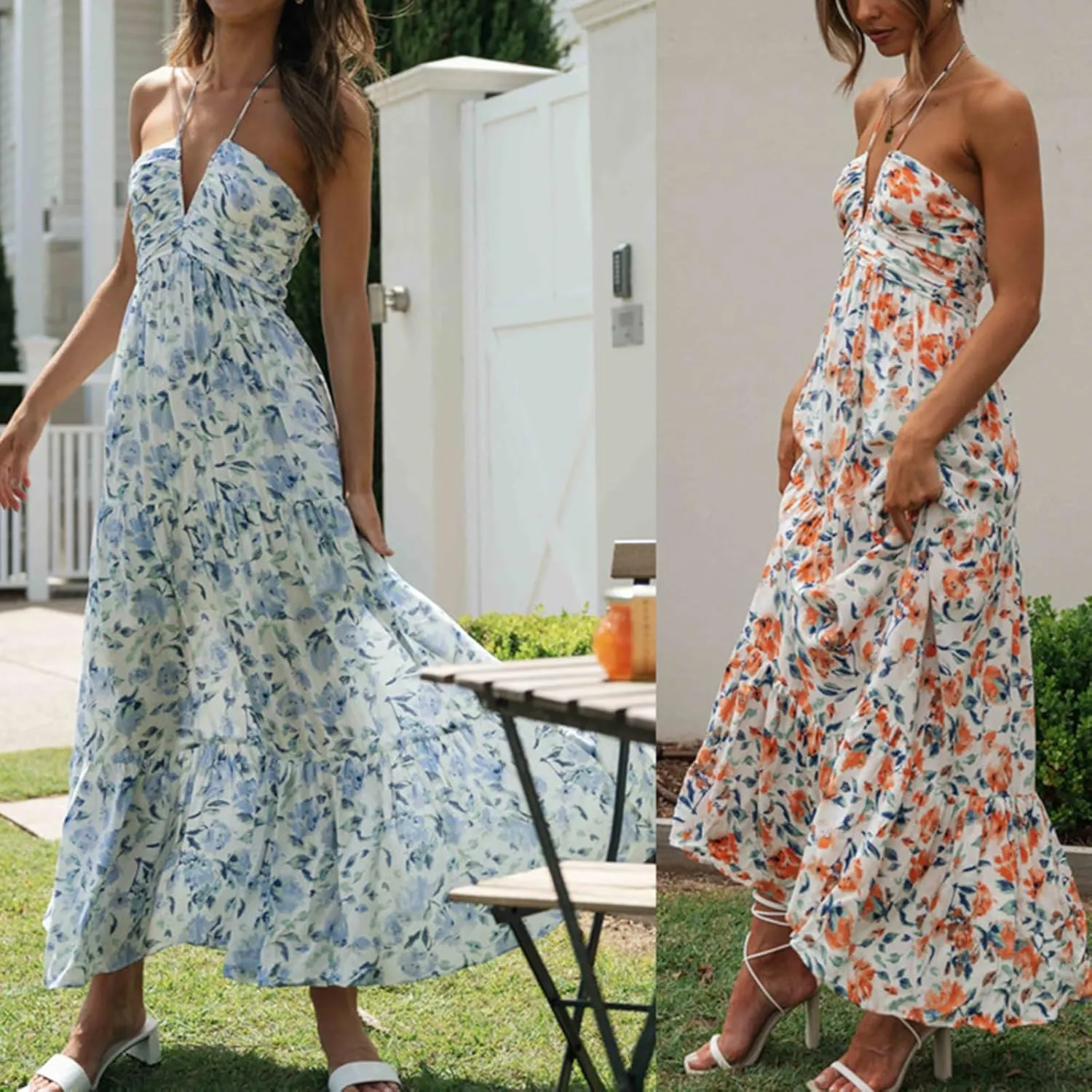 Womens Summer Beach Maxi Dress Spaghetti Strap Backless Flowy Long Dress Casual Boho Side Cut Out Beach Sundress