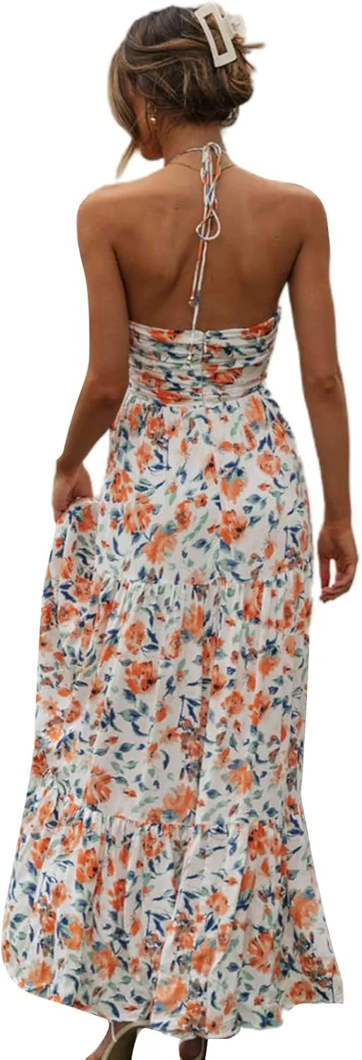 Womens Summer Beach Maxi Dress Spaghetti Strap Backless Flowy Long Dress Casual Boho Side Cut Out Beach Sundress