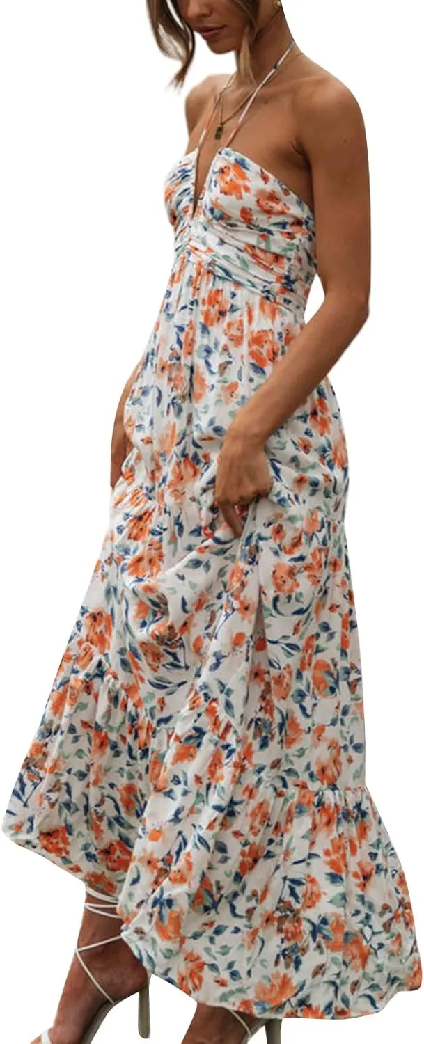 Womens Summer Beach Maxi Dress Spaghetti Strap Backless Flowy Long Dress Casual Boho Side Cut Out Beach Sundress