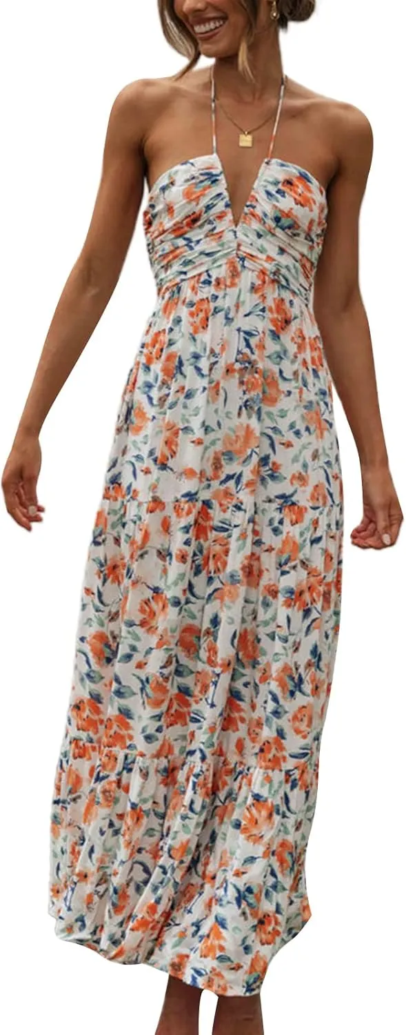 Womens Summer Beach Maxi Dress Spaghetti Strap Backless Flowy Long Dress Casual Boho Side Cut Out Beach Sundress