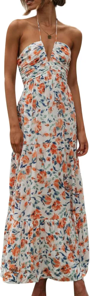 Womens Summer Beach Maxi Dress Spaghetti Strap Backless Flowy Long Dress Casual Boho Side Cut Out Beach Sundress