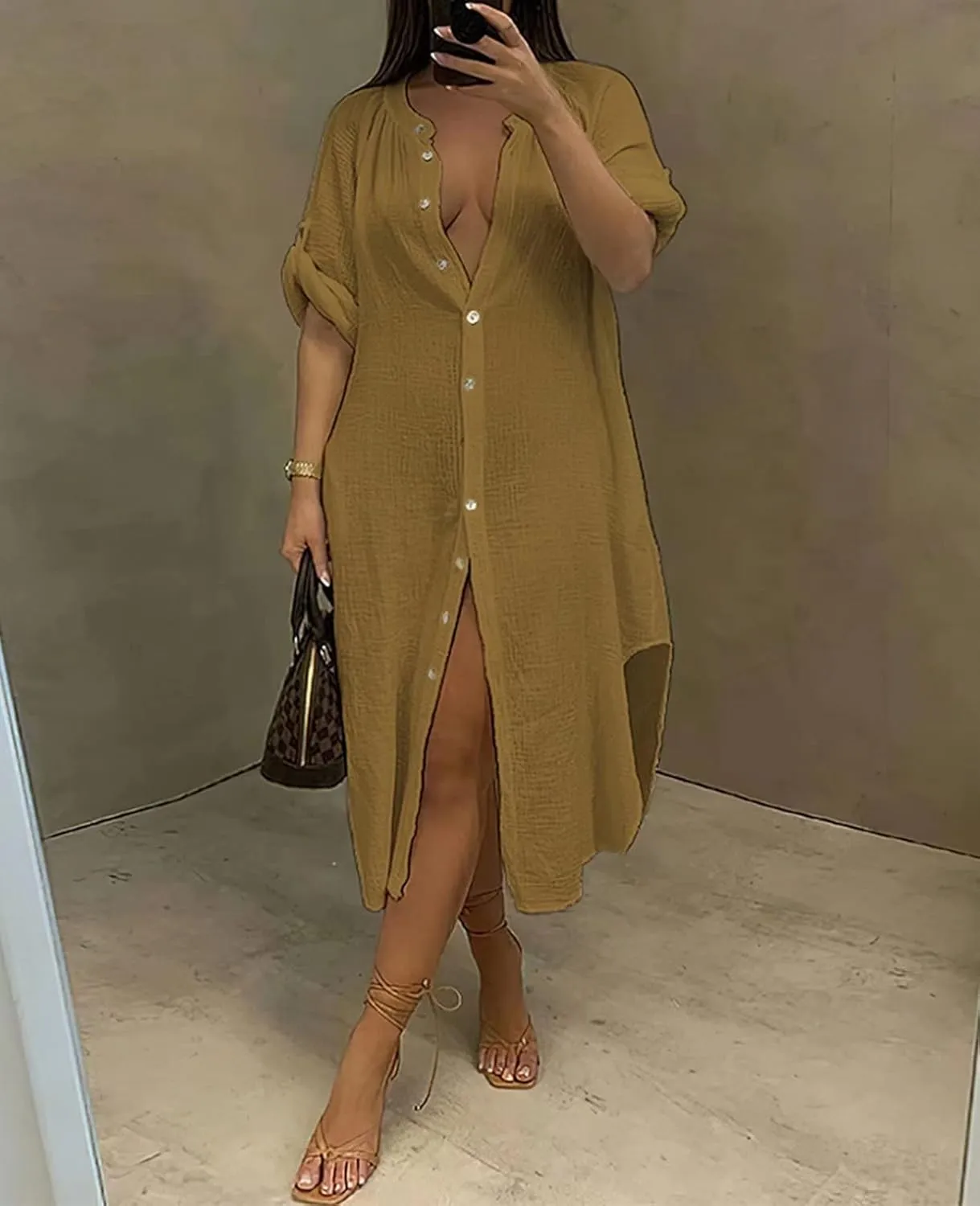 Womens Summer Button Down Rolled-Up Sleeve Loose Casual Side Split Shirt Dresses Swimsuit Cover Ups