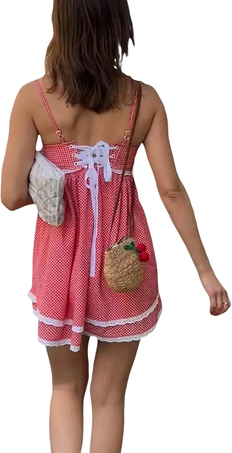 Women's Summer Casual Mini Dress Plaid Lace Trim Sleeveless Dress Tie Up Backless Spaghetti Straps Sweety Dress