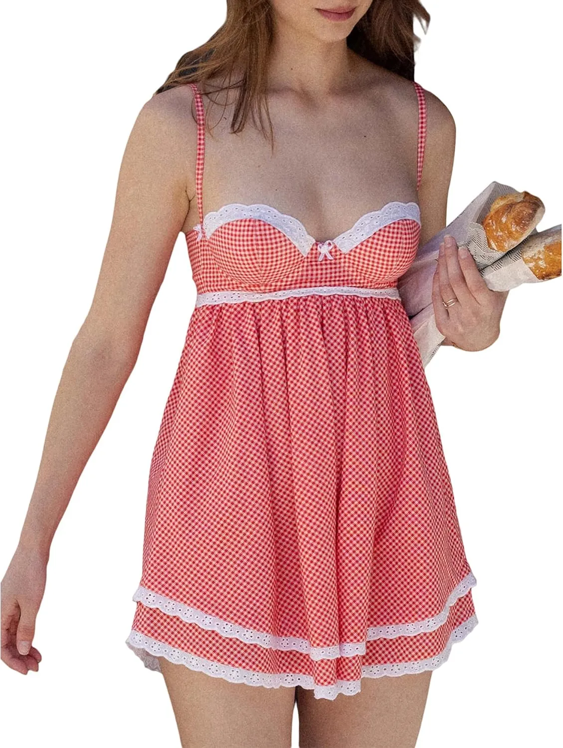 Women's Summer Casual Mini Dress Plaid Lace Trim Sleeveless Dress Tie Up Backless Spaghetti Straps Sweety Dress