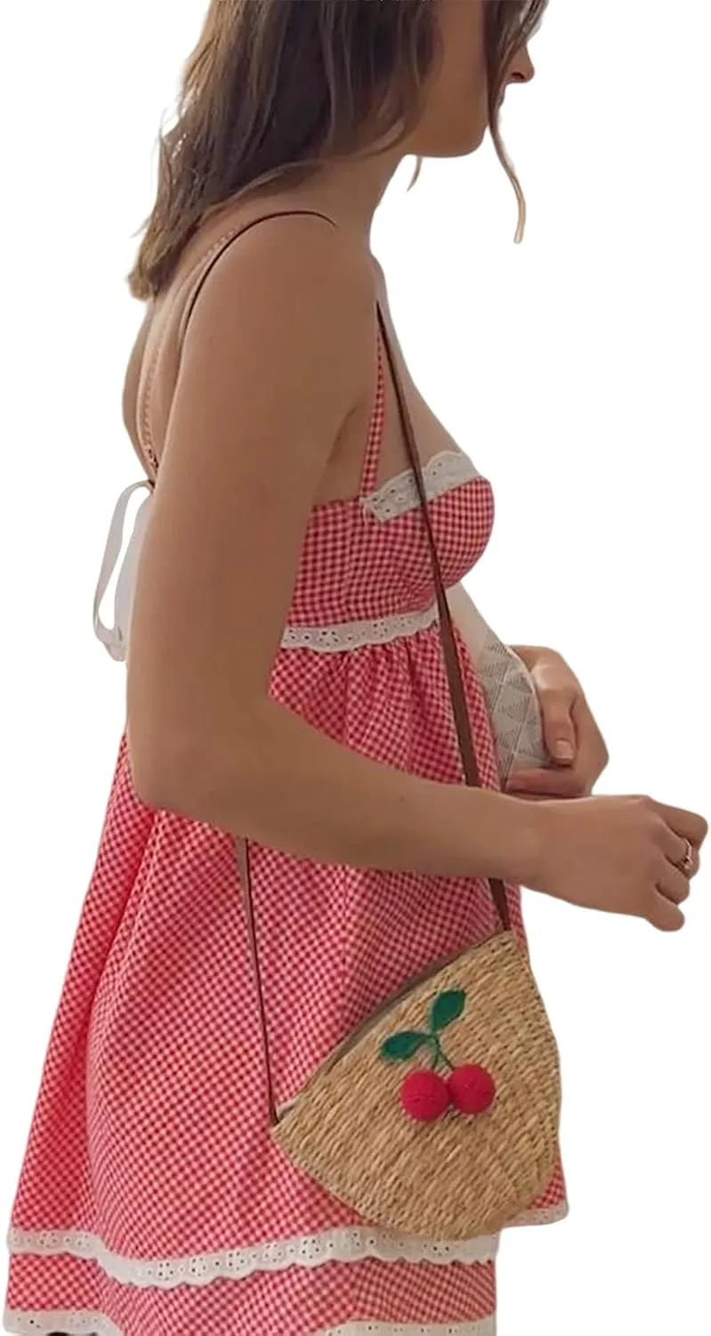 Women's Summer Casual Mini Dress Plaid Lace Trim Sleeveless Dress Tie Up Backless Spaghetti Straps Sweety Dress