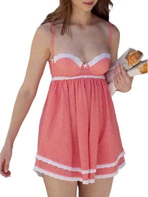 Women's Summer Casual Mini Dress Plaid Lace Trim Sleeveless Dress Tie Up Backless Spaghetti Straps Sweety Dress