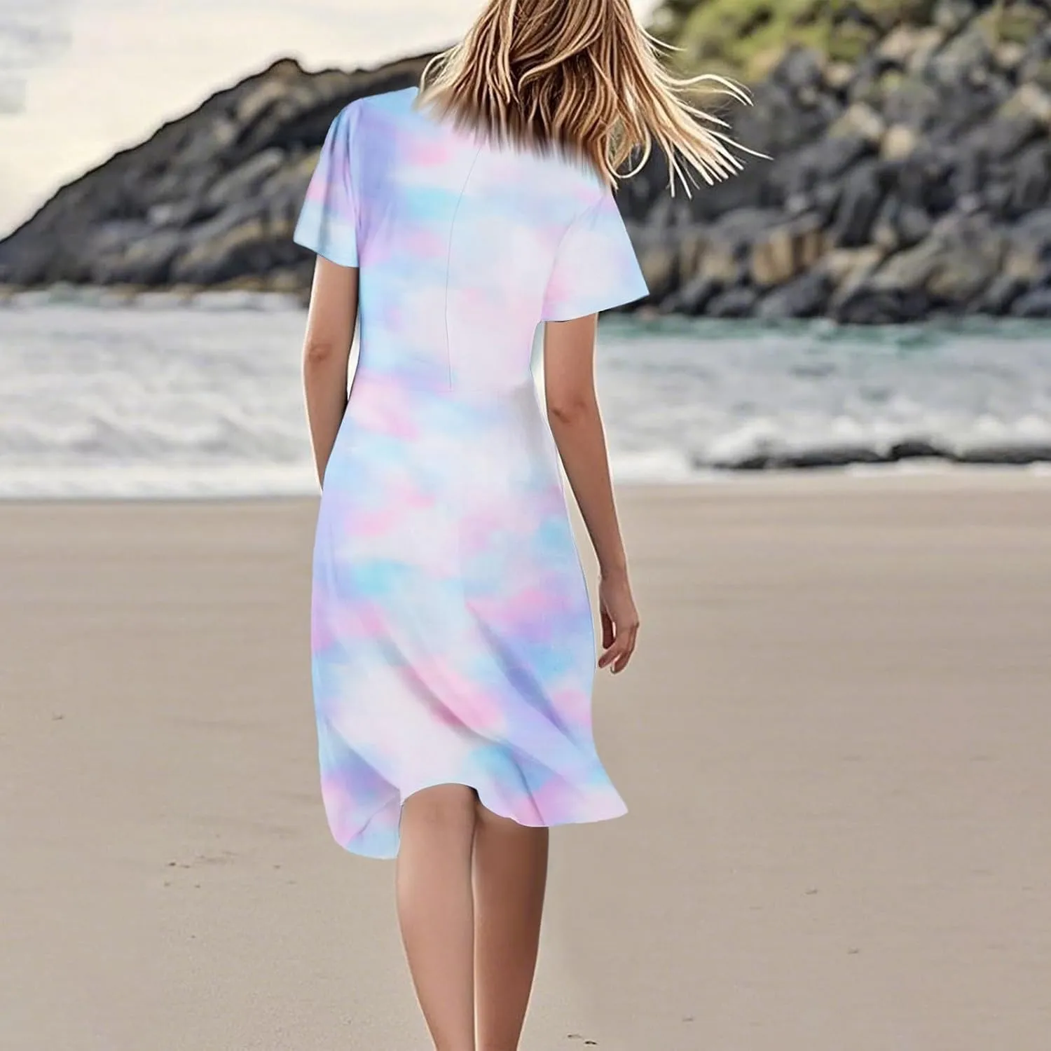 Women's Summer Dresses 2025 Short Sleeve Casual Midi Dresses V-Neck Floral Beach Vacation Party Dress